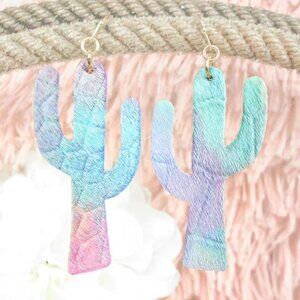 NO 3 Rainbow Pastel Embossed Leather Cactus Dangle Statement Earrings‎ NWT